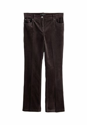 Pantalon en velours côtelé brun foncé à coupe droite, avec bouton sur le devant, passants de ceinture et design à cinq poches, présenté sur fond blanc.