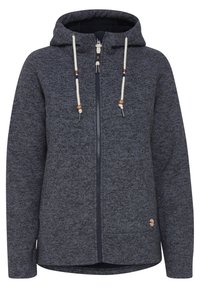 Felpa in pile grigia scuro con zip frontale, cordini con perline in legno e due tasche laterali. Tessuto morbido e vestibilità comoda.