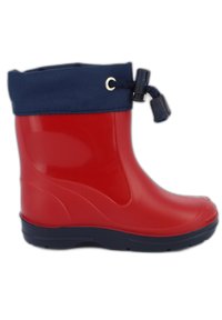 Botte de pluie en caoutchouc rouge avec un revers en tissu bleu marine et un cordon de serrage ajustable. Présente une texture lisse et un design à bout rond.