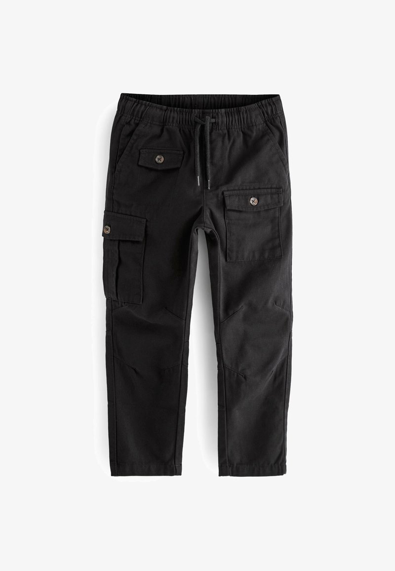 Pantalon cargo noir en tissu de coton durable, doté d'une ceinture élastique, de deux poches avant et de deux poches cargo latérales avec fermetures à boutons.