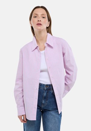 Chemise à rayures boutonnée en rose clair et blanc, avec un col classique et des manches longues, associée à un jean bleu taille haute.