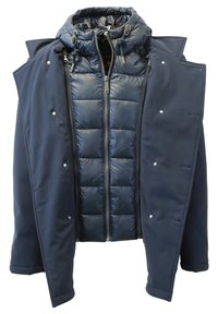 Marineblaue Steppjacke mit abnehmbarer Kapuze, ausgestattet mit einem gesteppten Innenfutter, einem Reißverschluss und Druckknöpfen entlang der äußeren Kanten.