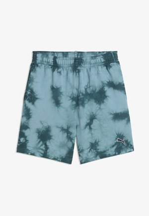 Modré a tmavozelené šortky s tie-dye vzorom s elastickým pásom a logom Puma na dolnej pravej nohe.
