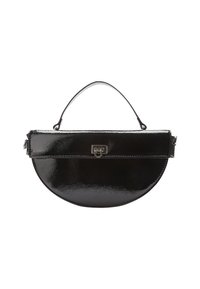 Czarna torebka z lakierowanej skóry o okrągłym kształcie, płaskim górnym fragmencie, małym uchwycie i frontowym zapięciu. Gładka, błyszcząca powierzchnia, minimalistyczny design.