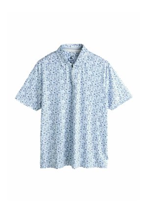 Kurzarm-Poloshirt aus hellblauem Stoff mit einem abwechslungsreichen Marineblau-Muster. Das Design umfasst einen Kragen und eine Viertelknopfleiste.