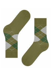 Zielone skarpetki w wzór argyle, z naprzemiennymi rombami w ciemnozielonym, jasnozielonym i szarym kolorze, z białymi akcentami w haftach.