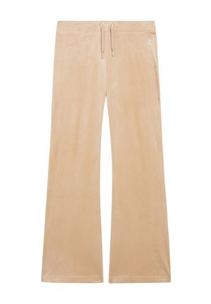 Beige sweatpants met wijde pijpen gemaakt van zachte stof, voorzien van een elastische tailleband met trekkoord en een klein logo-accent aan de zijkant.