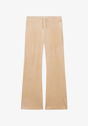 Beige sweatpants met wijde pijpen gemaakt van zachte stof, voorzien van een elastische tailleband met trekkoord en een klein logo-accent aan de zijkant.