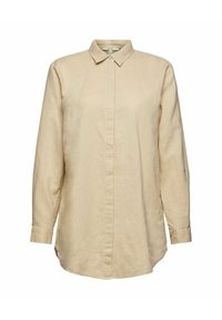 Beige linen shirt with a collar, long sleeves, front button closure, and a slightly curved hem. Smooth texture and minimalistic design.