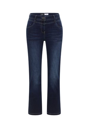 Jean en denim bleu foncé avec légère décoloration, fermeture par bouton et fermeture éclair, et poches avant, présenté sur fond blanc.