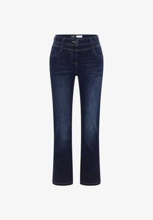 Jean en denim bleu foncé avec légère décoloration, fermeture par bouton et fermeture éclair, et poches avant, présenté sur fond blanc.