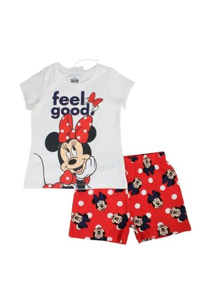 Chemise blanche à manches courtes avec le texte "feel good" et un graphique de Minnie Mouse, associée à un short rouge à pois et visages de Minnie Mouse.