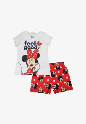 Chemise blanche à manches courtes avec le texte "feel good" et un graphique de Minnie Mouse, associée à un short rouge à pois et visages de Minnie Mouse.