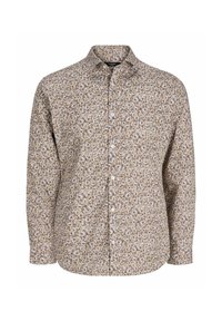 Chemise à manches longues à motifs floraux beige et bleu clair, avec col et boutons blancs, présentée sur un fond blanc.