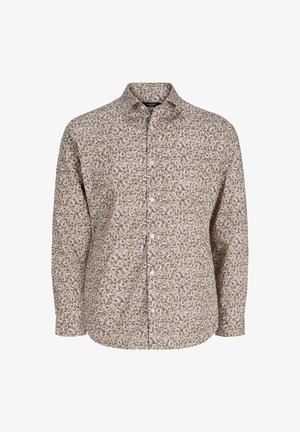 Beige og lyseblå blomstrete langermet skjorte med krage og hvite knapper, vist på en hvit bakgrunn.