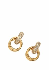Pendientes de aro de oro con un enlace texturizado y adornados con rhinestones transparentes para un brillo adicional. Acabado liso y pulido.