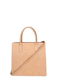 Borsa a spalla in pelle beige con motivo texturizzato a coccodrillo. Presenta due manici corti e una tracolla regolabile. Design minimalista.