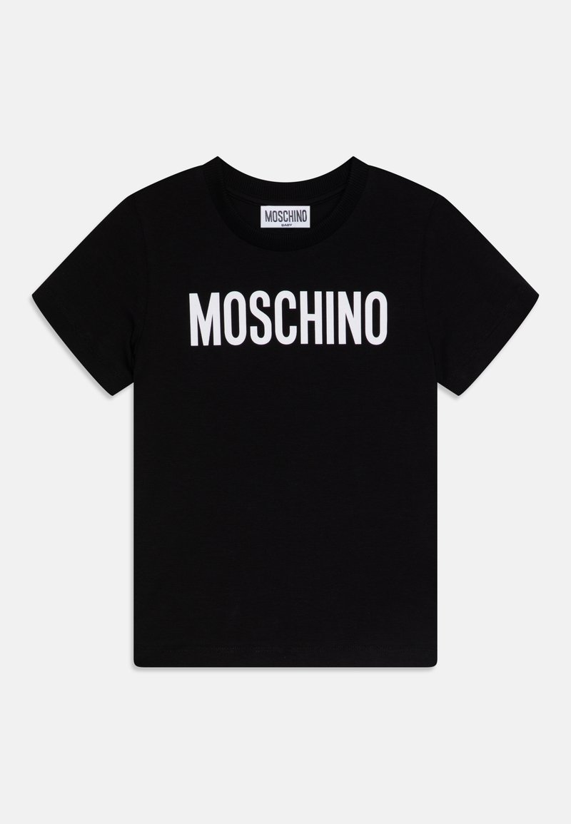 Camiseta de algodón negra con un audaz logo en blanco "MOSCHINO" en el frente. Diseño de manga corta y cuello redondo.