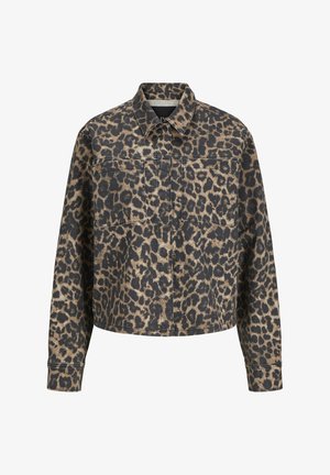 Leopard print denim jacket with a collared neck, two chest pockets, long sleeves, and a cropped fit. The fabric is soft with a textured finish.