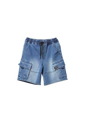 Modré rifľové cargo šortky s elastickým pásom, čiernou šnúrkou, prednými vreckami a veľkými bočnými vreckami na každom nohavici.