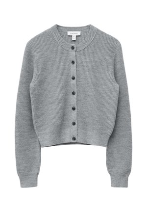 Light grey knitted cardigan with long sleeves, seven black buttons down the front, and a round neckline, displayed flat.