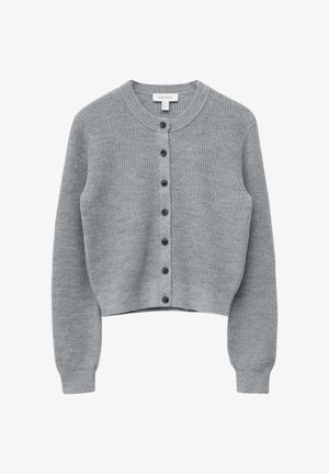Light grey knitted cardigan with long sleeves, seven black buttons down the front, and a round neckline, displayed flat.