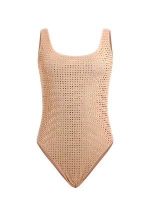 Nude jednodílné plavky s kulatým výstřihem, pokryté malými kamínky, s vysokým vykrojením a hladkým, elastickým materiálem.