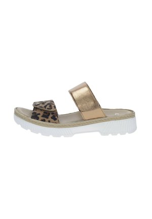 Luipaardprint sandaal met een gouden metallic band, platformzool en witte rubberen onderkant. Voorzien van een klittenbandsluiting voor een veilige pasvorm.