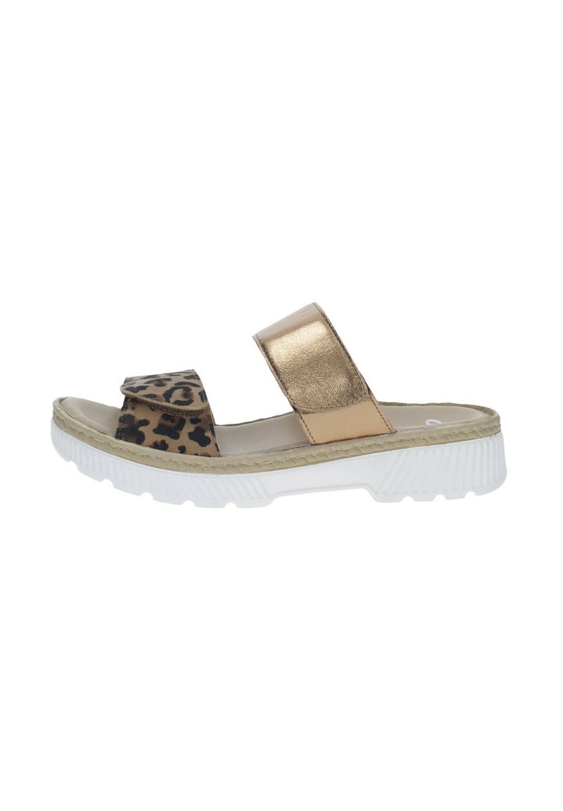 Leopard print sandal with a gold metallic strap, platform sole, and white rubber bottom. Features a velcro closure for secure fit.
