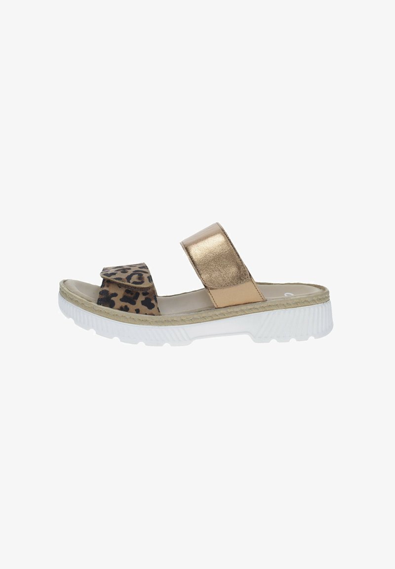 Leopard print sandal with a gold metallic strap, platform sole, and white rubber bottom. Features a velcro closure for secure fit.