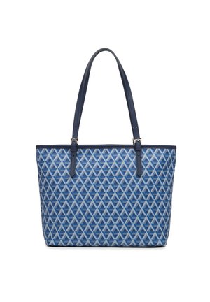 Blauwe tote bag met een geometrisch diamanten patroon, gemaakt van geweven materiaal, met twee stevige handvatten en een gestructureerde vorm.