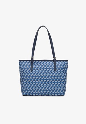 Sac fourre-tout bleu présentant un motif géométrique en losanges, fabriqué en matériau tissé, avec deux poignées robustes et une forme structurée.
