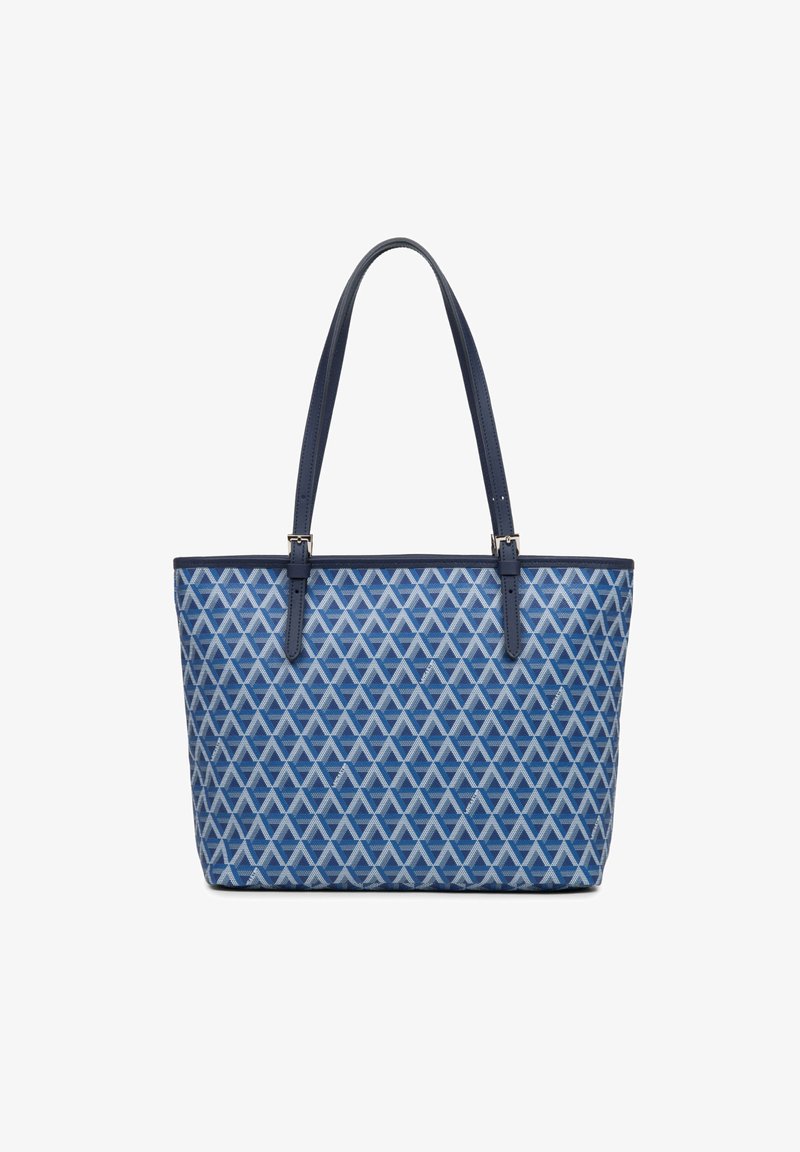 Sac fourre-tout bleu présentant un motif géométrique en losanges, fabriqué en matériau tissé, avec deux poignées robustes et une forme structurée.
