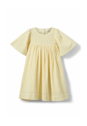 Leicht gelbes kurzes Kleid mit Kurzarm, aus Lochspitzenstoff, rundem Ausschnitt, geraffter Taille und Knopfverschluss hinten.