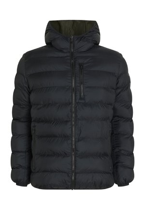 Sort vatteret dunjakke med hætte og frontlynlås, udstyret med lynlåslomme på brystet og sidelommer.