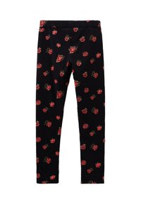 Leggings neri con una cintura elastica, caratterizzati da un motivo floreale di rose rosse e foglie verdi su tutta la superficie. Tessuto morbido e elasticizzato.