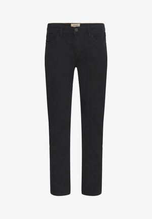 Black denim jeans with a straight cut, five-pocket design, and a front button closure. Smooth texture with subtle stitching details.