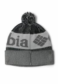 Beanie grigio lavorato a maglia con motivo a righe nere e grigie, dotato di un risvolto a coste grigio e un pompon nero sulla parte superiore.