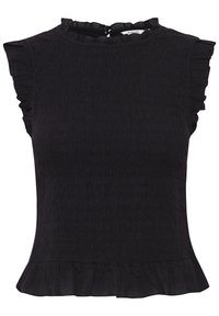 Top nero con maniche a campana arricciate, tessuto testurizzato, scollo rotondo e orlo inferiore svasato. Chiusura a chiave sul retro. Superficie liscia.