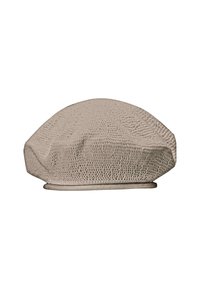 Beret bej tricotat, cu un model texturat și o bandă îngustă. Material moale, cu o formă de dom, având un design ușor lăsat.