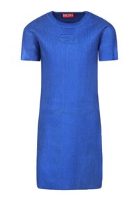 Vestito in maglia blu a costine con maniche corte, caratterizzato da un collo rotondo e logo impresso sul davanti. Texture liscia in tutto il capo.