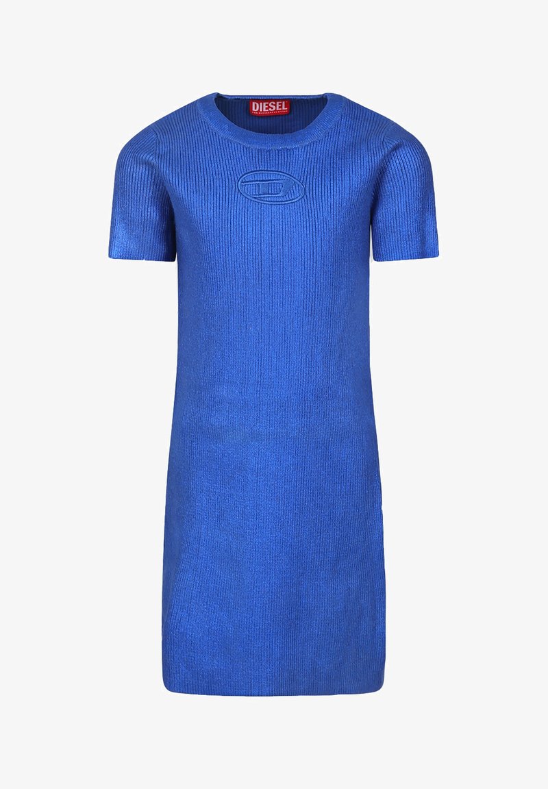 Vestito in maglia blu a costine con maniche corte, caratterizzato da un collo rotondo e logo impresso sul davanti. Texture liscia in tutto il capo.