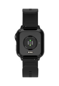 Smartwatch nera con corpo quadrato e retro liscio e lucido. Presenta due sensori verdi e punti di contatto metallici per la ricarica.