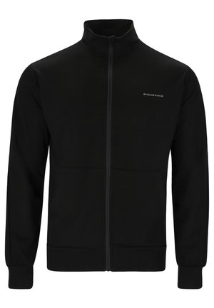 Sweatshirt noir zippé avec col montant, manches longues, poignets et ourlet côtelés. Porte un logo subtil "ENDURANCE" sur la poitrine. Tissu doux.