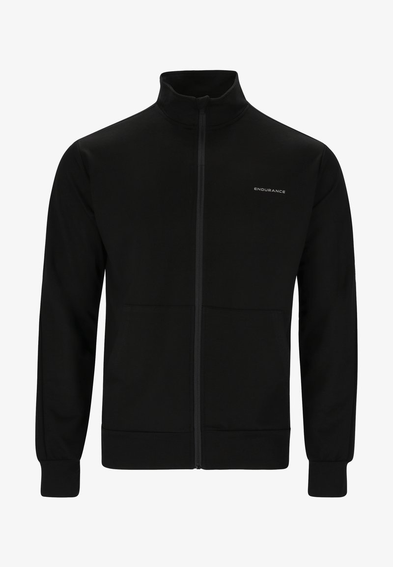 Svart zip-up sweatshirt med hög krage, långa ärmar, ribbade muddar och nederkant. Har en subtil "ENDURANCE"-logotyp på bröstet. Mjukt tyg.