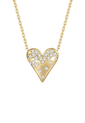 Kuldne südamekujuline ripats, mis on kaunistatud säravate selgete rhinestone'idega, ülaosas lainemustriga ning rippub õrnal kett. 