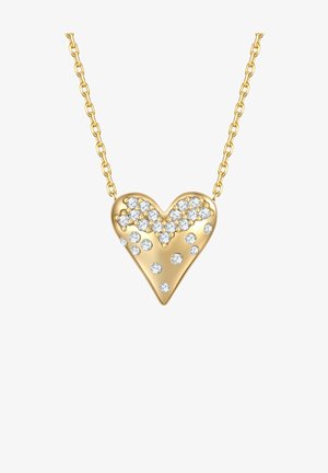 Zelta sirds formas piekare, rotāta ar spīdīgām caurspīdīgām rhinestones, ar viļņu rakstu mugurpusē, karājas no smalkas ķēdītes.