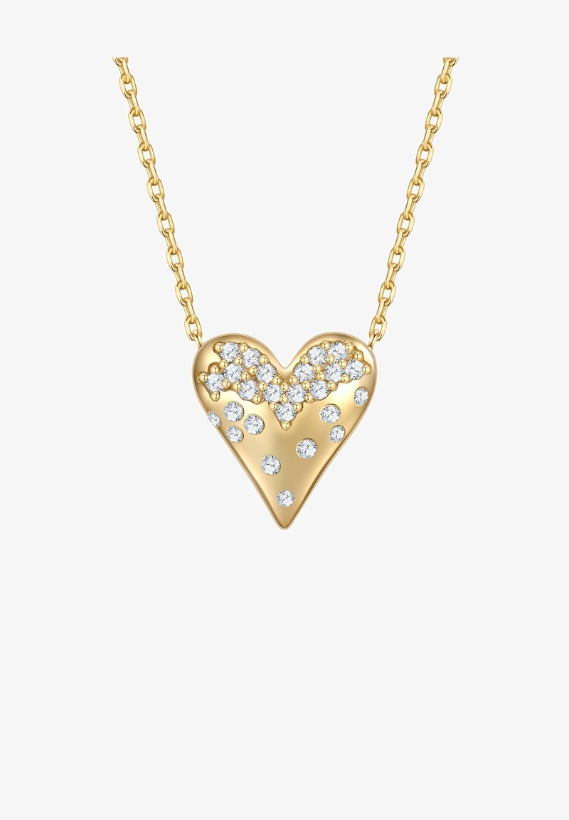 Gold heart-shaped pendant with sparkling clear rhinestones, featuring a wave pattern across the top, suspended from a delicate chain.