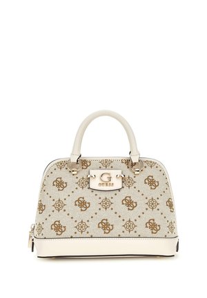 Beige handbag with gold floral pattern, rounded design, dual top handles, and a shiny logo plate. Smooth texture with gold hardware accents.