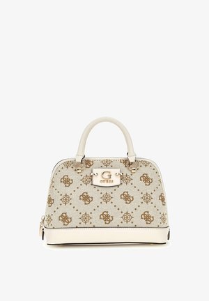 Sac à main beige avec un motif floral doré, au design arrondi, avec deux anses supérieures et une plaque de logo brillante. Texture lisse avec des accents en doré.